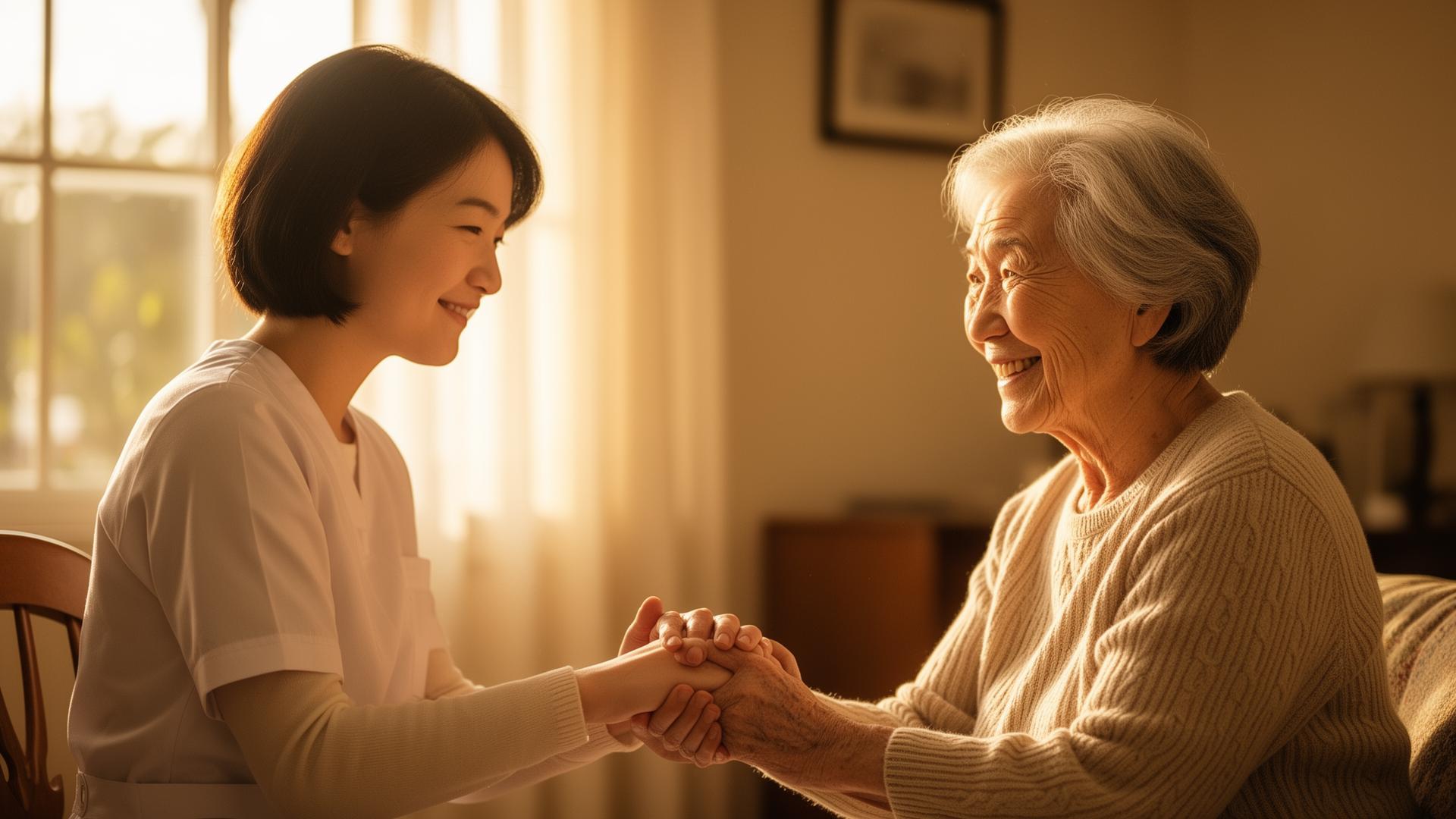 Caregiver holding the hand of an elderly woman
